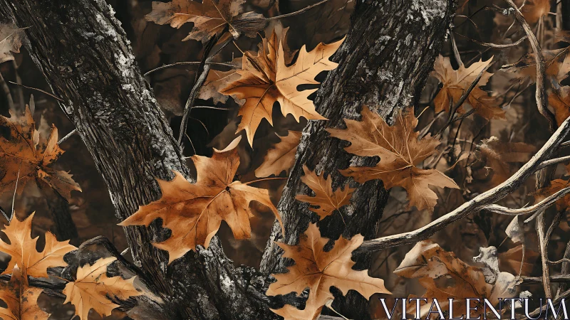 Rustling Amber Leaves Tangled In Weathered Woodland Bark.