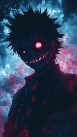 Demonic figure with glowing eyes in cyan and magenta storm.