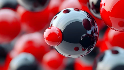 Playful red and black spheres in a glossy floating dance.