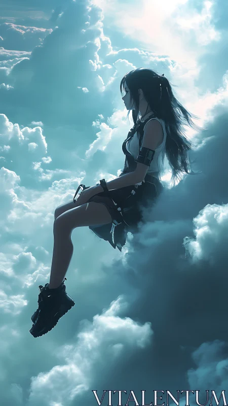 Solitary female figure seated on dense cloud formation.