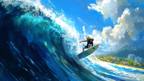 Dynamic surf rider on cresting wave, expressive digital seascape.