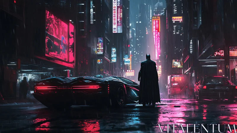 Dark vigilante and car in neon soaked rainy city street.