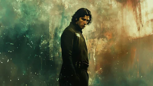 Solitary male figure before diffuse abstract color field.