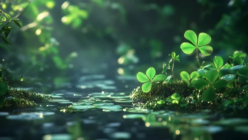 Clover leaves catch morning light above tranquil forest stream