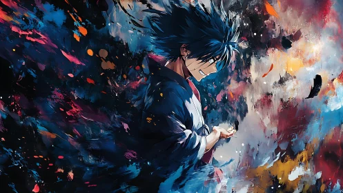 Dynamic anime character amid abstract color storm.