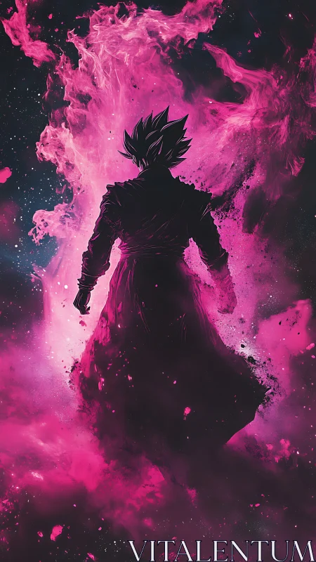Cosmic warrior silhouette in magenta nebular energy field.