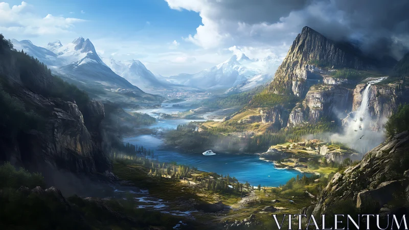 Vast alpine valley unfolds around radiant turquoise lake.