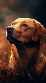 Golden dog gazes upward in warm autumnal evening light