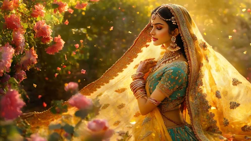 Bridal portrait highlights ornate lehenga, bokeh roses and warm backlight