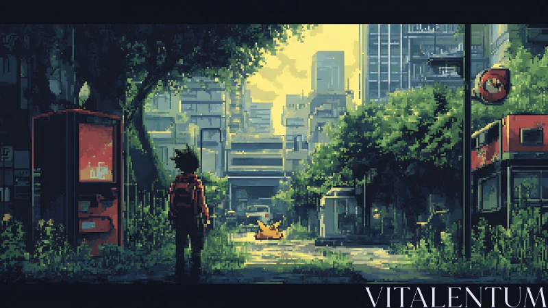 Pixel city street with boy, creature and overgrown ruins.