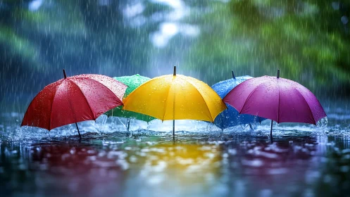 Row of multi-colored umbrellas in steady rainfall.