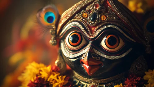 Close-up of ornate black deity idol with floral garland.
