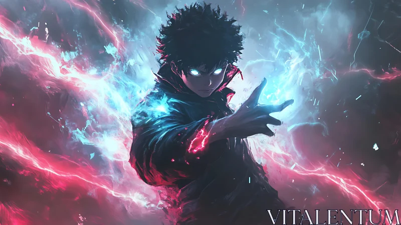 Dark figure with dual-colored energy discharges in void.