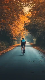 Cyclist Pedaling Through Golden Autumn Tree Tunnel