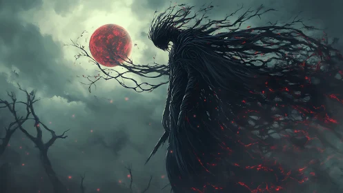 Shadow figure stands beneath red moon amid twisted branches