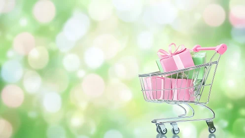 Chromed gift cart with pastel parcels on bokeh field.