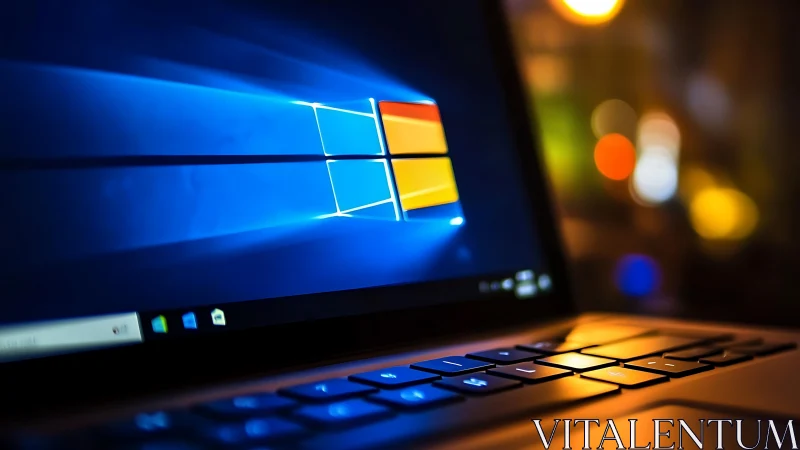 Windows desktop glows on laptop in colorful low light.