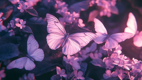 Iridescent butterflies over neon blossoms at twilight.