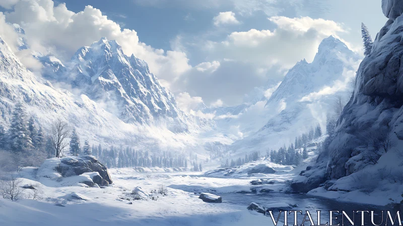 Snow covered alpine valley with river and distant peaks.