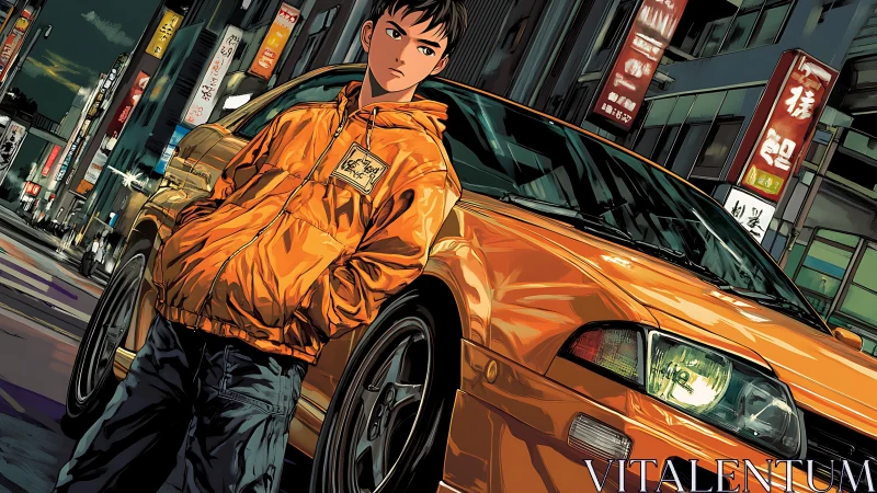 Urban street racer beside golden coupe in neon cityscape.