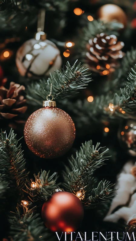 Cozy Christmas baubles glowing softly on a twinkling tree.