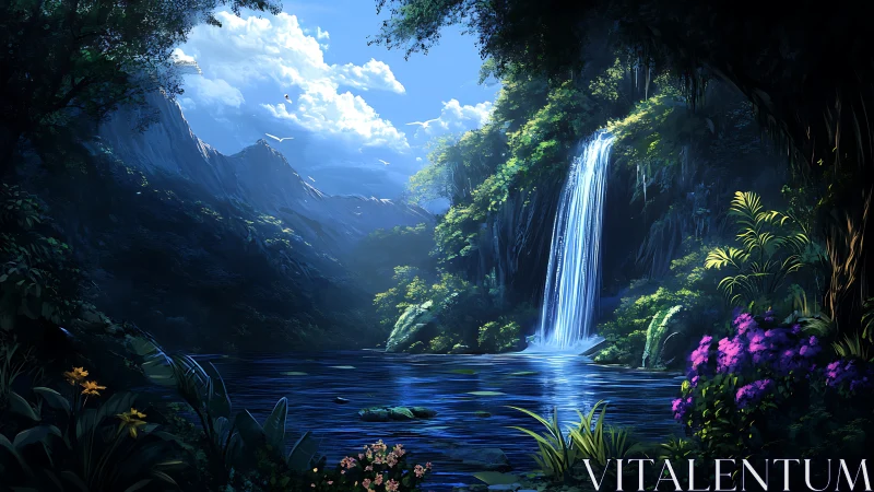 Moonlit waterfall hushes a hidden valley into painted sleep