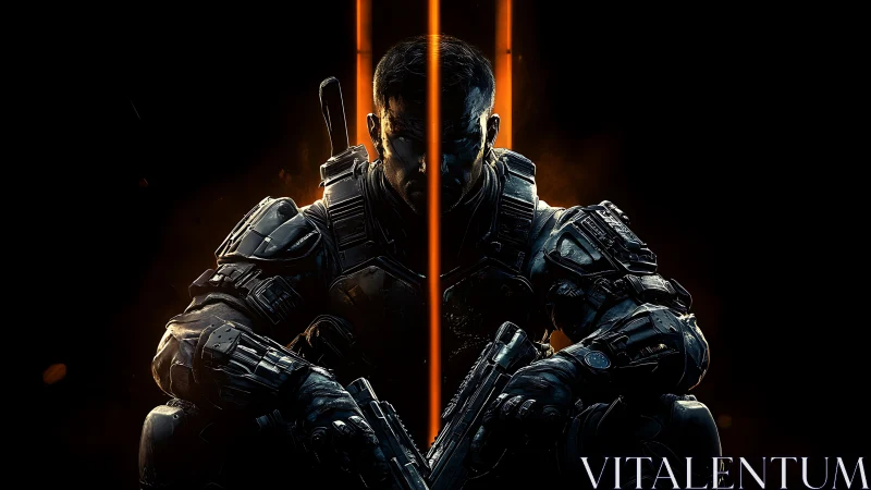 Armored soldier posed with weapons in dark neon lighting.