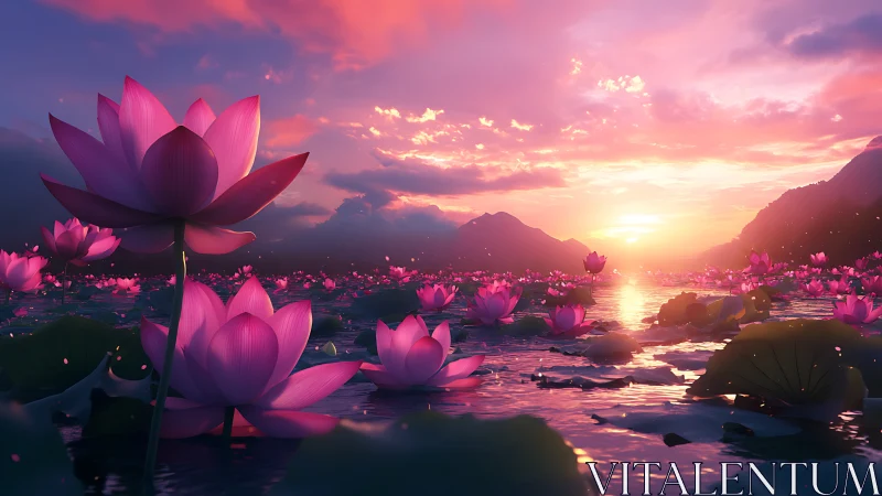 Sunset lotus lake with glowing pink blooms and mountains.