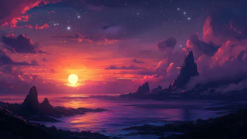 Radiant fantasy sunset glows over tranquil starlit sea