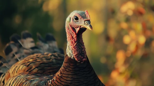 Wild turkey displays characteristic plumage with iridescent head detailing.
