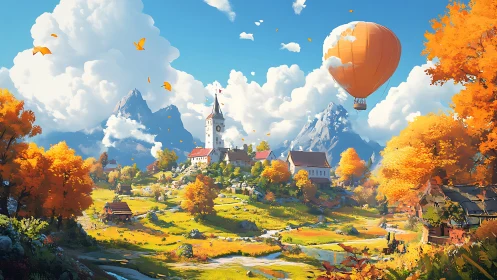 Colorful autumn village valley with hot air balloon overhead.