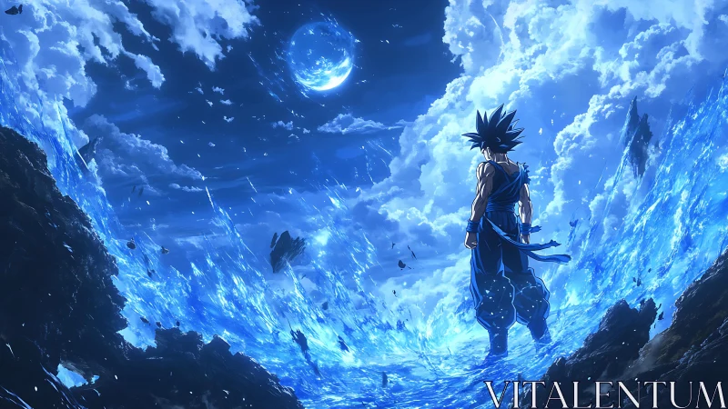 Solitary anime figure on luminous blue energy seascape.