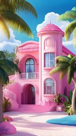 Chromatic coastal villa in saturated pink tropical rendering.