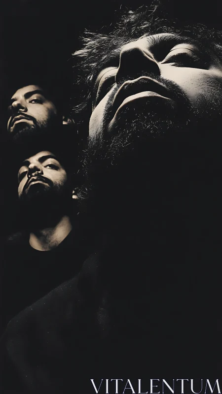 Low-key triptych portrait under extreme upward perspective.