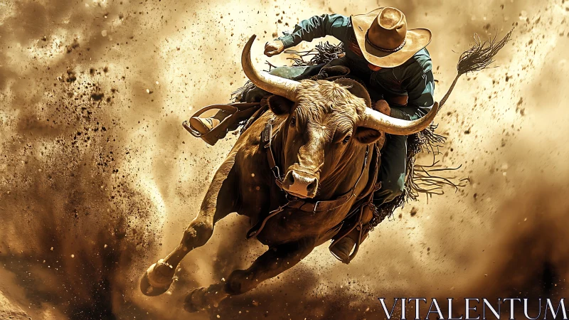 Bull rider in mid-ride amid dense airborne arena dust.