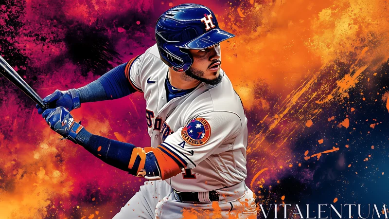Dynamic baseball batter portrait amid explosive color splashes