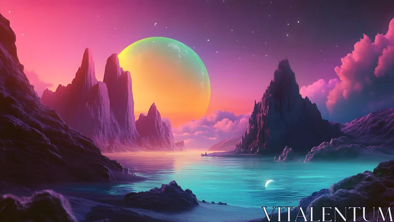 Neon alien seascape with twin moons and jagged spires.