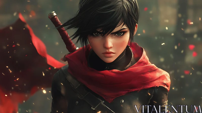 Scarred warrior girl glares through embers, crimson scarf