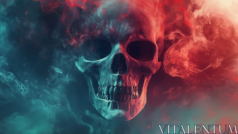 Bicolor vaporous skull rendered in cinematic neon smoke field.