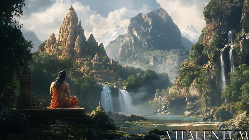 Monk meditates before ancient temple amid misty waterfalls