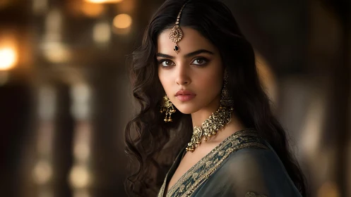 Woman in traditional attire facing camera in soft focus