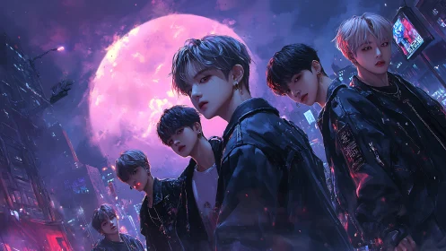 Neon night crew under a glowing pink cyberpunk moon.