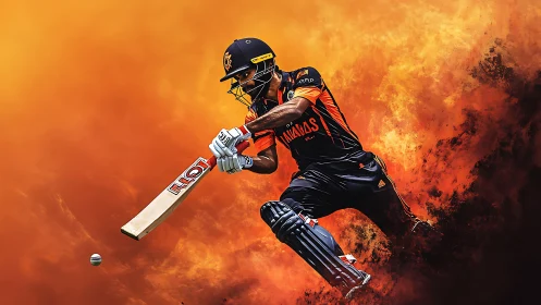 Cricket striker carving fire through a storm of orange dust.