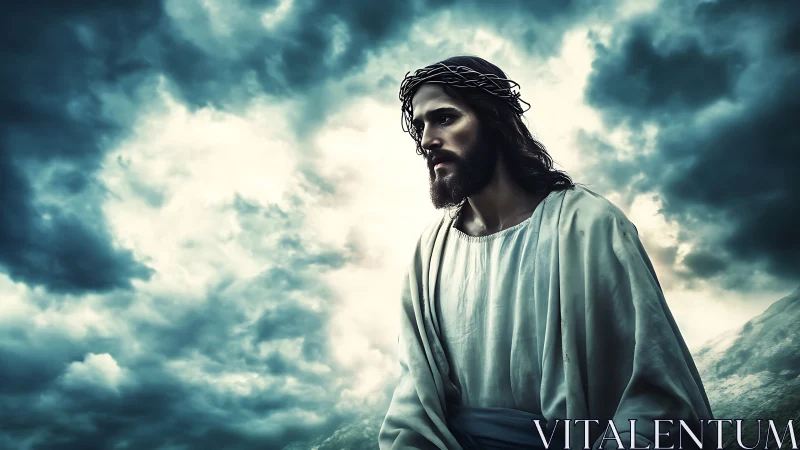 Digital painting of solemn robed figure under stormlit sky.