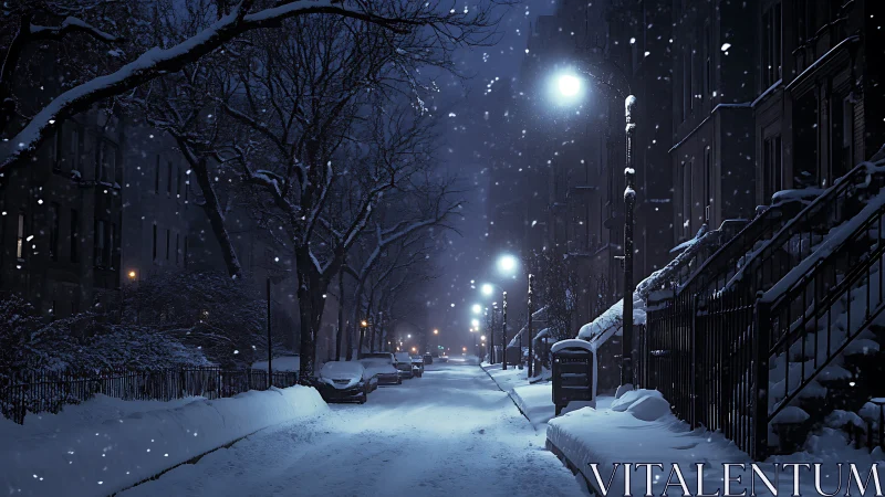 Midnight snowfall hushes a city street in blue lamplight.