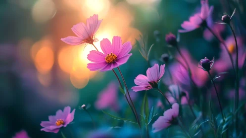 Backlit Pink Cosmos Flowers in Golden Sunset Glow.