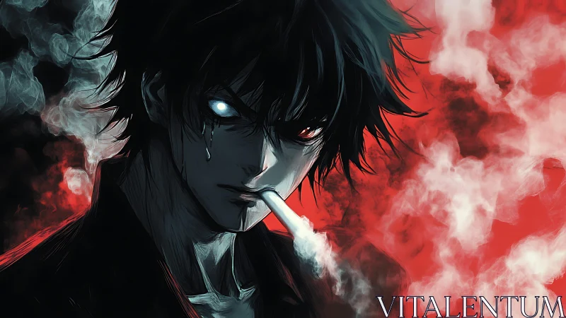 Dark anime antihero with glowing eyes in red smoke scene.