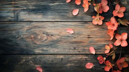 Soft coral blossoms resting on rustic wooden planks.