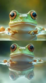 Tree frog rests in still water with mirrored reflection