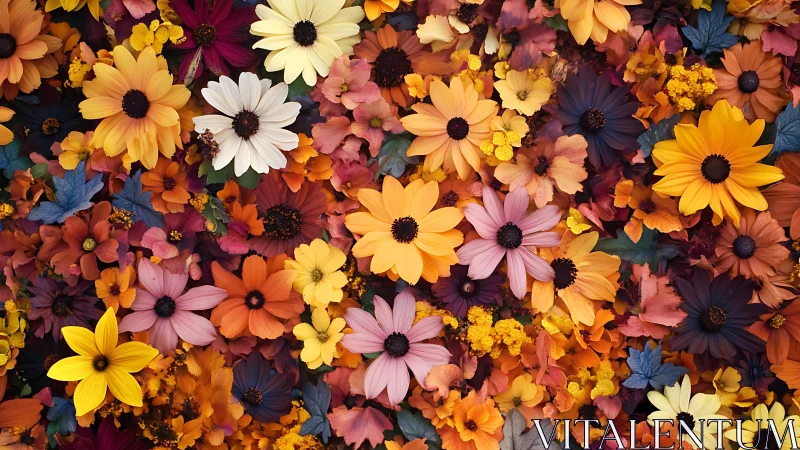 Dense floral arrangement in multiple autumn color variations.
